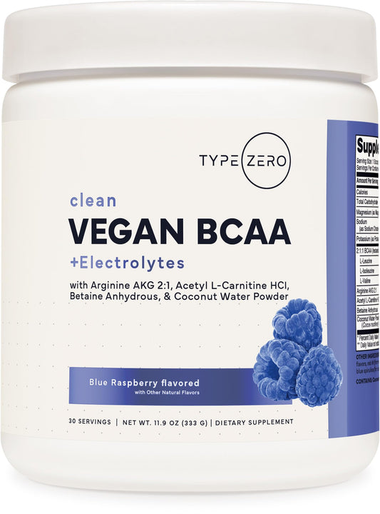 Type Zero Ultra Clean Vegan BCAA Powder + Electrolytes (Blue Raspberry | 6G) 2:1:1 Sugar-Free/No Sucralose BCAAs Amino Acids Supplement - BCAA Vegan Amino Acids After Workout Drink, 30 Servings - NutriGlobal