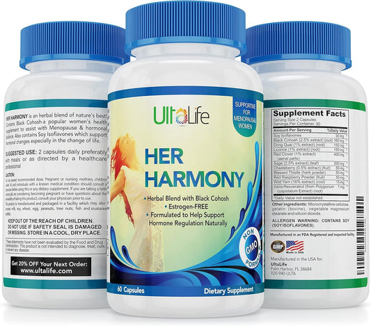 UltaLife Her Harmony Menopause Supplements for Women - Hot Flashes Menopause Relief & Hormone Balance for Women - Contains Black Cohosh, Dong Quai, Red Clover & More - Estrogen Free - 120 Capsules - NutriGlobal