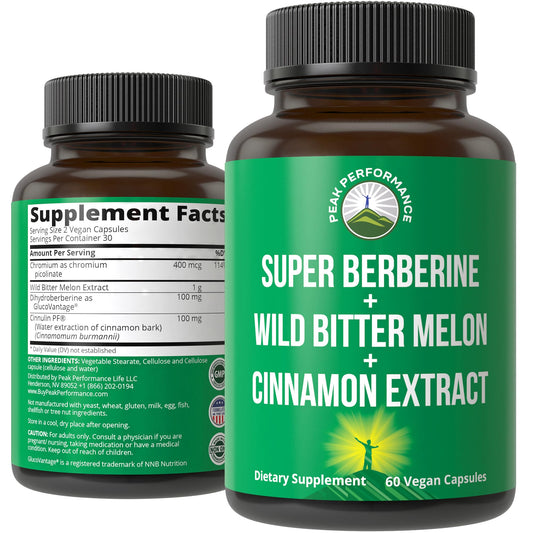 Ultra High Strength 4-in-1 Super Berberine Patented GlucoVantage + Wild Bitter Melon + Cinnamon Extract + Chromium Picolinate Vegan Capsules. Great Supplement to Support After-Meal Spikes and Energy - NutriGlobal