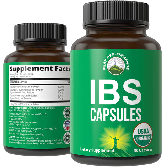 USDA Organic IBS Capsules for Relief, Ingestion, Bloating, Gas. Irritable Bowel Supplement with 5 Handpicked Organic Ingredients. Peppermint Oil, Sea Buckthorn, Fennel Seed, Rosemary Leaf, Basil Leaf - NutriGlobal