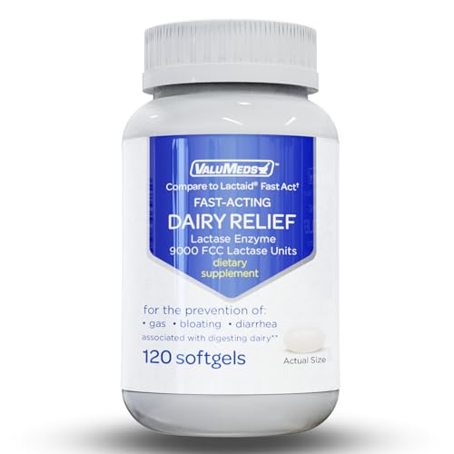 ValuMeds Fast Acting Dairy Relief Lactose Enzymes, 120 Softgels, Help Prevent Gas - NutriGlobal