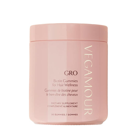 VEGAMOUR GRO Biotin Gummies, Strawberry Flavor with 5000 mcg Biotin, Supports Healthy Hair Vegan Gummies with Vitamins A, B, C, E, B-12 & More, 30 Ct - NutriGlobal