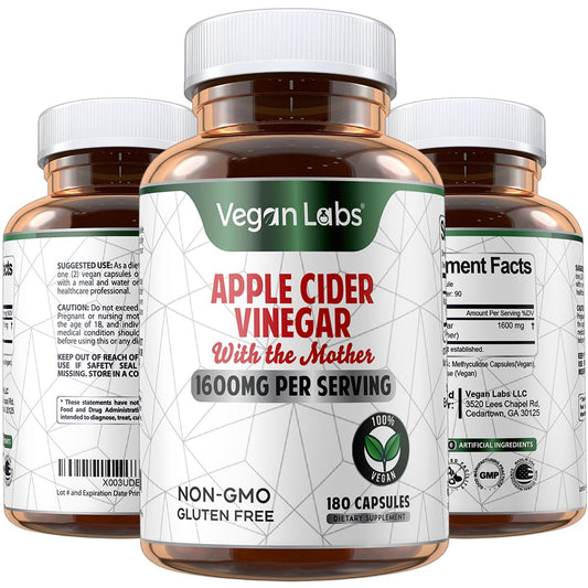 Vegan Labs Apple Cider Vinegar Capsules with The Mother- 180 Vegan Capsules - NutriGlobal