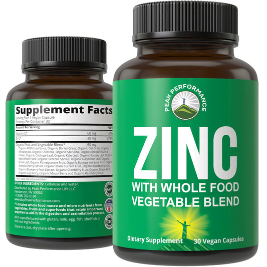 Vegan Zinc Supplement with Vitamin C + Whole Food Blend of 25 Vegetables and Fruits for Max Absorption. Zinc Supplements 30mg Capsules, Pills, Tablets, Vitamins for Adults Both Men and Women - NutriGlobal