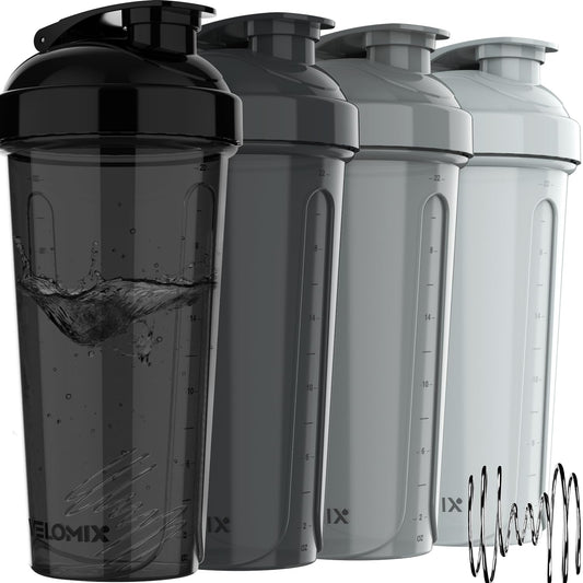 VELOMIX -4 PACK- Protein Shaker Bottles for Protein Mixes, 28 OZ Shaker Cups for Protein Shakes - NutriGlobal