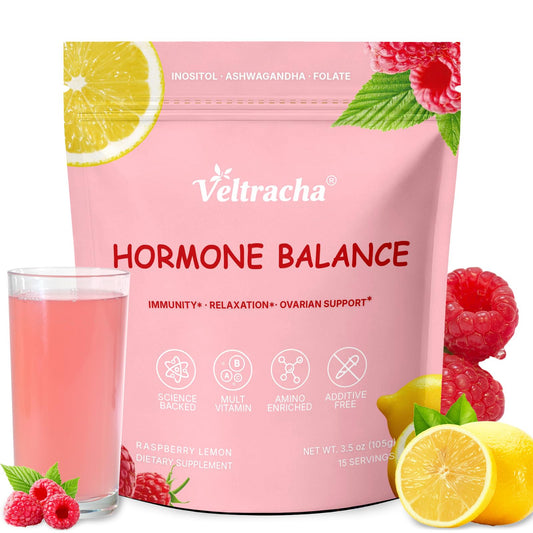 Veltracha Hormone Balance for Women, Myo & D-Chiro Inositol Powder with Folate & Amino Acid & Ashwagandha - Ovarian Support, Mood Regulation & PMS Relief, Raspberry Lemon, 15 Servings - NutriGlobal