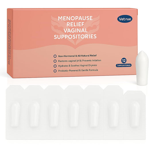 Vetrue Menopause Relief Vaginal Suppositories, Non-Hormonal, All-Natural Formula with Boric Acid, Hyaluronic Acid, Probiotics, Coconut Oil & Vitamin E, Soothes Vaginal Dryness & Discomfort(12 Inserts) - NutriGlobal