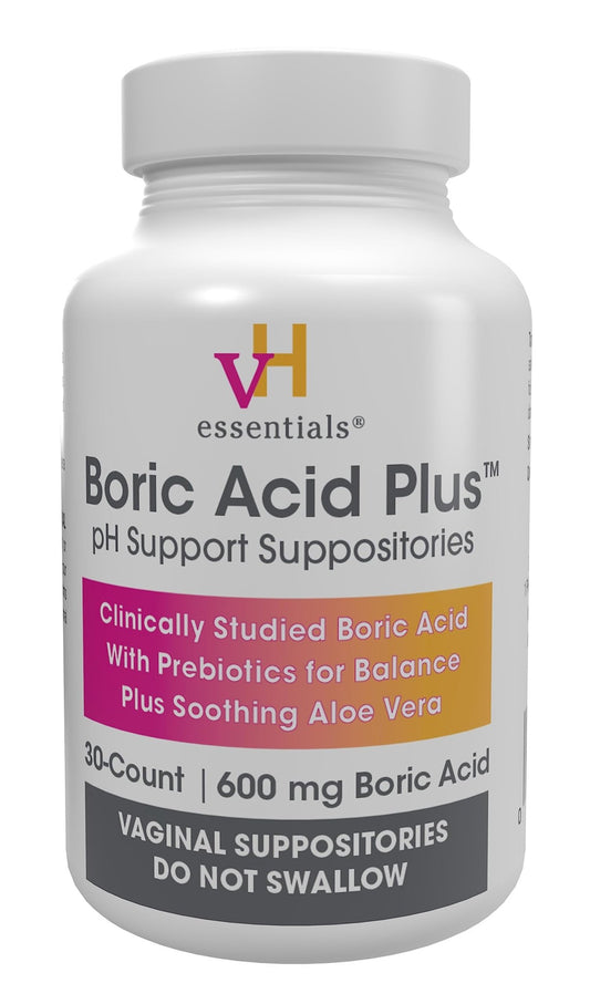 vH Essentials Boric Acid Plus Vaginal Suppositories, Prebiotic Infused with Soothing Aloe Vera, pH Support Formula Fights Odor and Promotes Freshness, 600mg Boric Acid, 30 Count - NutriGlobal