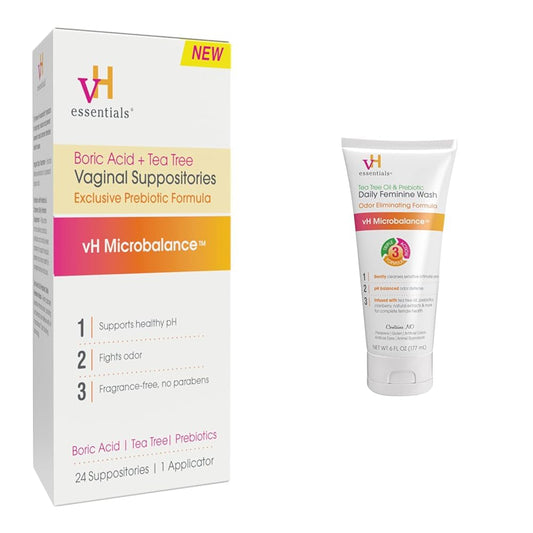vH essentials Vaginal Health Bundle - Boric Acid + Tea Tree Suppositories (24 Count) + Tea Tree & Prebiotic Feminine Wash (6 Fl Oz) - NutriGlobal