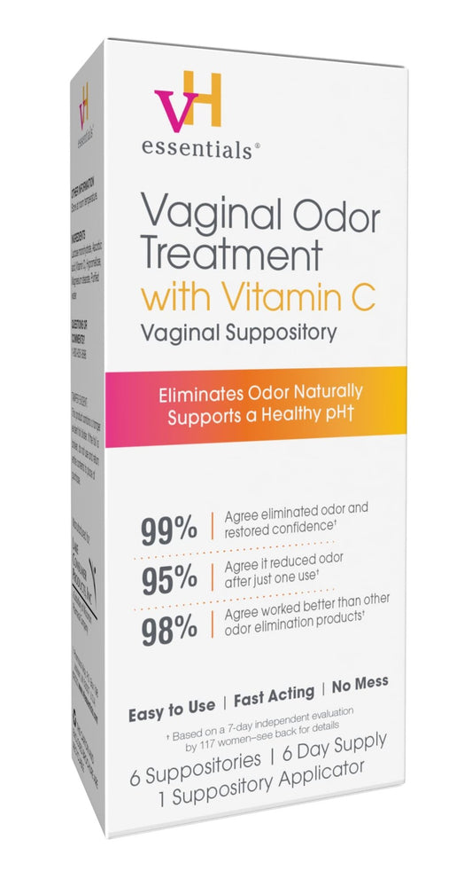 vH Essentials Vaginal Odor Treatment with Vitamin C, Boric Acid Suppositories Alternative, Supports Balanced pH, Eliminates Naturally, Suppositories, 6 w/Applicator, White - NutriGlobal