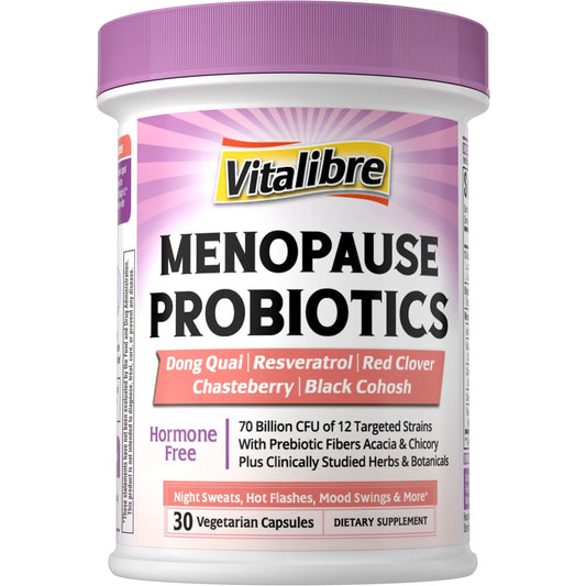 Vitalibre Menopause Probiotics for Women 70 Billion CFU, 12 Targeted Strains, Organic Prebiotics, Black Cohosh Resveratrol Red Clover Chasteberry Dong Quai, Hot Flash Night Sweat+, No Estrogen, 30 Ct - NutriGlobal