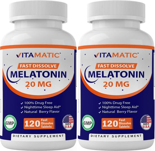 Vitamatic 2 Pack Melatonin 20mg Fast Dissolve 120 Tablets - Natural Berry - NutriGlobal