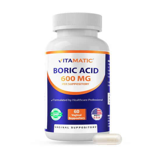 Vitamatic Boric Acid Vaginal Capsule Shell Suppositories 600 mg USP Grade Boric Acid in Vegetarian Capsule Shell - 60 Count - NutriGlobal
