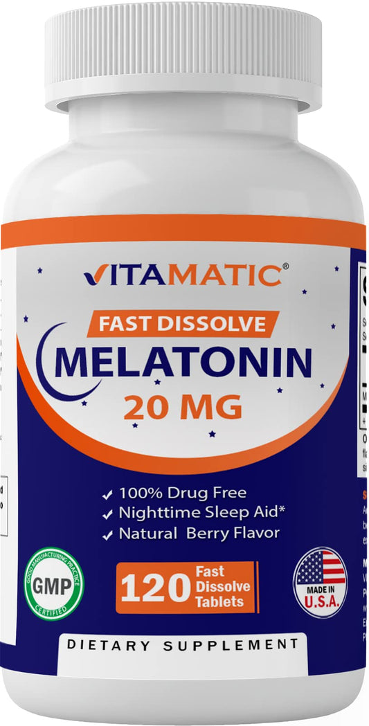 Vitamatic Melatonin 20mg Tablets | Vegetarian, Non-GMO, 6 pack - NutriGlobal