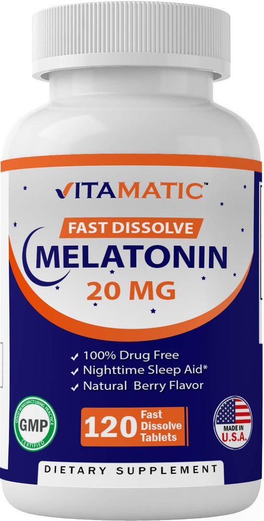 Vitamatic Melatonin 20mg Tablets | Vegetarian, Non-GMO, Gluten Free - NutriGlobal