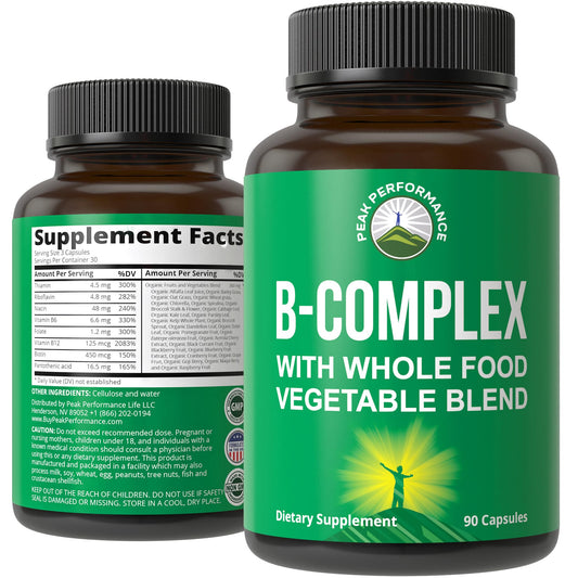 Vitamin B Complex Capsules + Whole Food Blend of 25 Vegetables and Fruits for Max Absorption. Best Vegan B-Complex Supplement with Vitamin B1, B2, B3, B5, B6, B7, B9 and B12. 90 Capsules. Energy Boost - NutriGlobal
