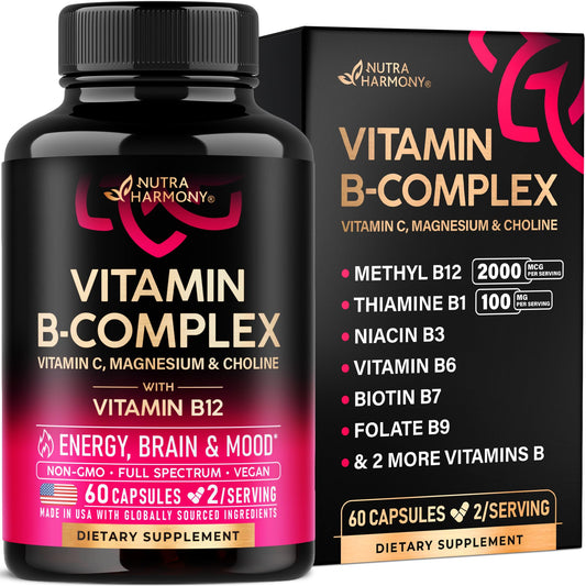 Vitamin B Complex for Men & Women - Riboflavin B2, B12, B1, B3, B5, B6, B7, B8, B9 | Vitamin C, Choline, Inositol - B-Complex Supplement - NutriGlobal