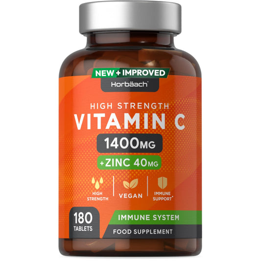 Vitamin C and Zinc | 180 Vegan Tablets | High Strength Vitamin C 1400mg and Zinc 40mg - NutriGlobal