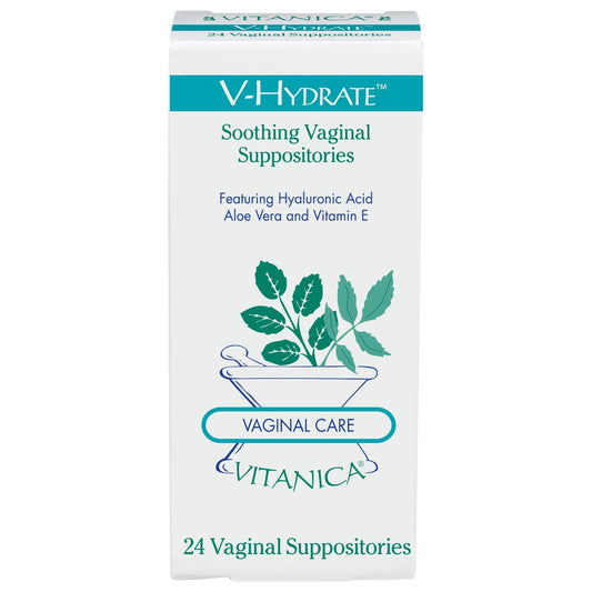 Vitanica V-Hydrate, Hyaluronic Acid Vaginal Suppositories for Comfort and Vaginal Hydration with Aloe Vera and Vitamin E, Hormone-Free & Drug-Free, Vegan, 2 Month Supply, 24 Count - NutriGlobal