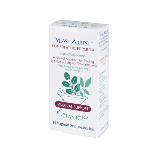 Vitanica Yeast Arrest, Homeopathic Vaginal Suppositories, for Yeast Infection Symptoms, Relieves Burning, Itching & Discharge, with Boric Acid, Tea Tree Oil & Probiotics, Vegan (Pro Logo, 14ct) - NutriGlobal