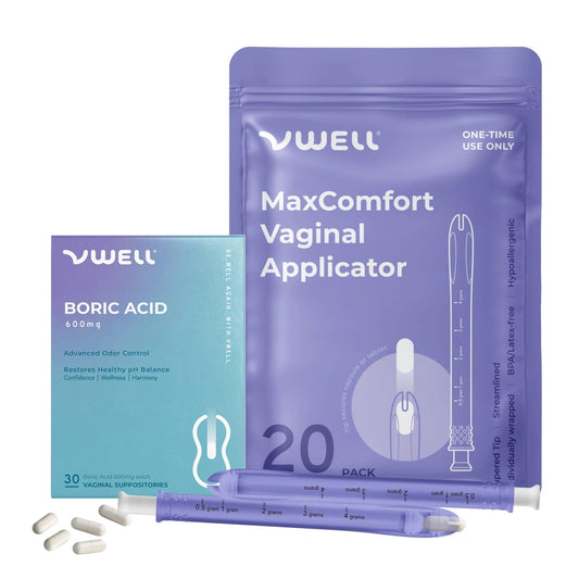 VWELL Boric Acid Vaginal Suppositories 600mg w/MaxComfort Applicator Bundle - Feminine Care - Odor Itch Burning Irritation - Doctors Recommended for Women (One Size, 20, Count) - NutriGlobal