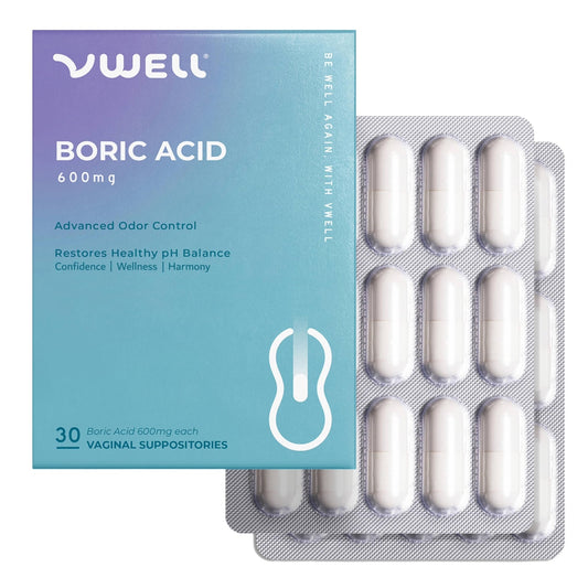 VWELL Boric Acid Vaginal Suppositories - Homeopathic Solution Maintains and Balances Healthy Vaginal pH & Microbiome Intimacy - Doctors Recommended (One Size, 30, Count) - NutriGlobal