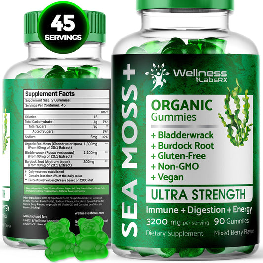 WELLNESS LABSRX Sea Moss Gummies, 3200mg Organic Seamoss, Irish Sea Moss - NutriGlobal