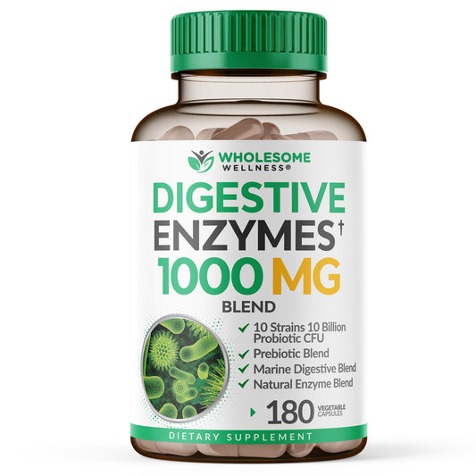 Wholesome Wellness Digestive Enzymes 1000MG Plus Prebiotics & Probiotics Supplement, 180 Capsules, Organic Plant-Based Vegan Formula for Digestion - NutriGlobal