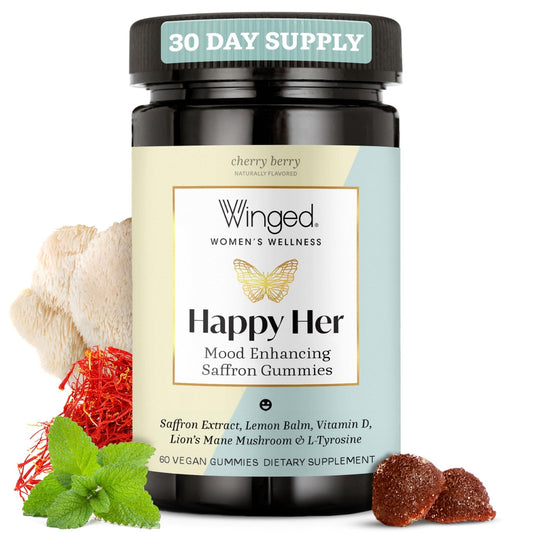 Winged Wellness Happy Her Mood Gummies - Daily Mood Enhancer Support Supplement for Women - Vitamin D with Saffron, Lemon Balm, & Lions Mane Mushrooms for Balance & Calming Relief - 50 Vegan Gummies - NutriGlobal