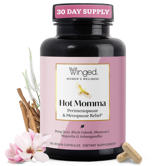 Winged Wellness Hot Momma Menopause Supplements for Women - Hormone-Free Menopause Relief Support for Hot Flashes & Night Sweats with Chaste Tree Berry, Multivitamins & Shatavari - 60 Vegan Capsules - NutriGlobal