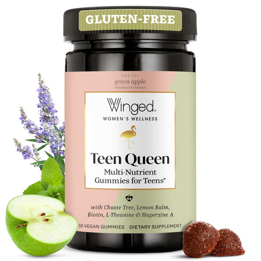 Winged Wellness Multivitamin Gummies for Teen Girls - Teen Vitamins for Mood & Hormonal Health - Vegan Gummy Supplement with Chaste Tree, Lemon Balm, L-Theanine, Probiotics & Biotin - 50 Gummies - NutriGlobal