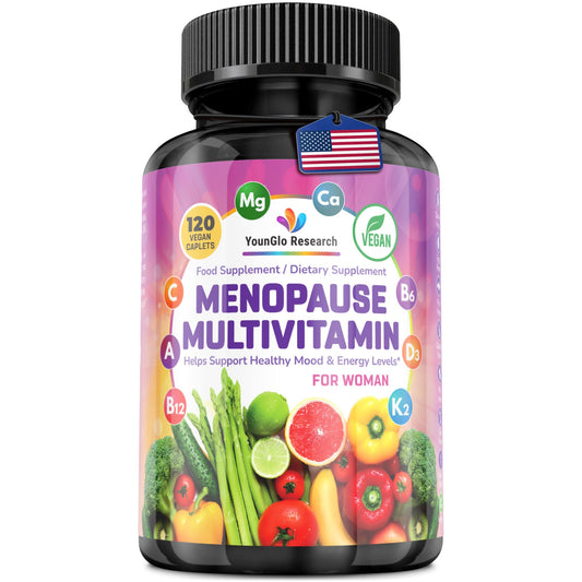 YounGlo Research Menopause Supplement - 120 Vegan Caplets - Menopause & Perimenopause Relief Support - Food and Dietary Vitamins - Multivitamin for Women - NutriGlobal