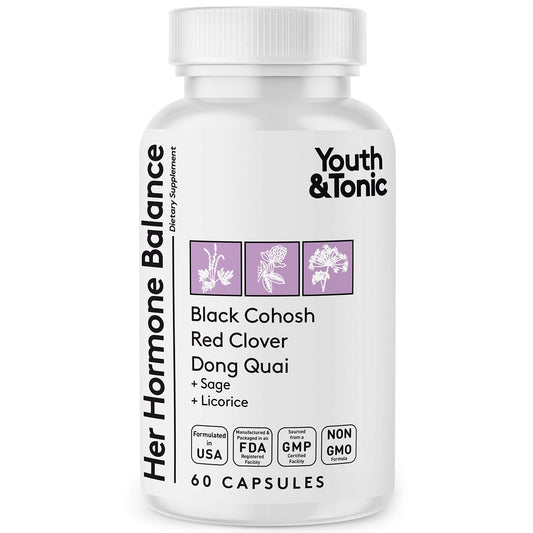 Youth & Tonic Her Hormone Balance – Menopause Supplement for Women, Perimenopause Support, Non-Hormonal Herbal Formula with Black Cohosh for Hot Flashes & Night Sweats, 60 Capsules - NutriGlobal