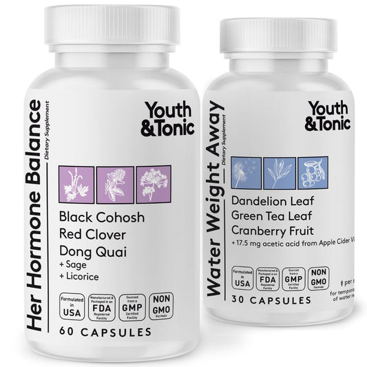 Youth & Tonic PMS & Menopause Bloating Relief Duo – Support for Puffiness, Hormonal Balance & Fluid Retention – Her Hormone Balance + Water Weight Away Natural Herbs for Women, 90 Capsules - NutriGlobal