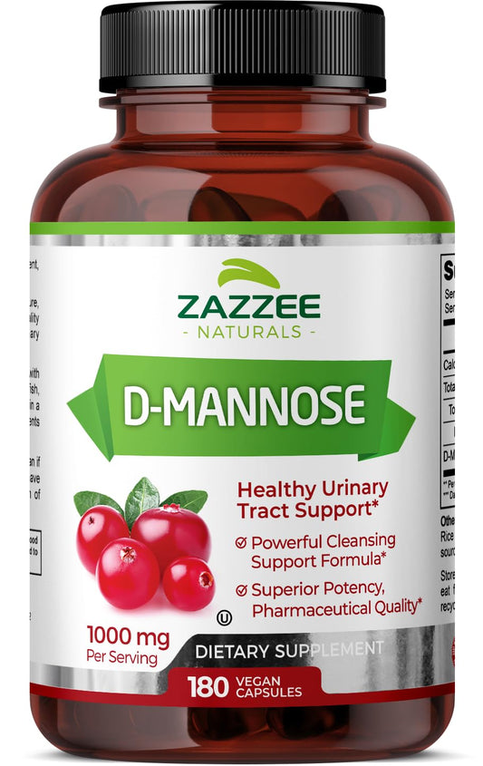 Zazzee D-Mannose, 1000 mg per Serving, 180 Vegan Capsules, 3 Month Supply, Potent - NutriGlobal