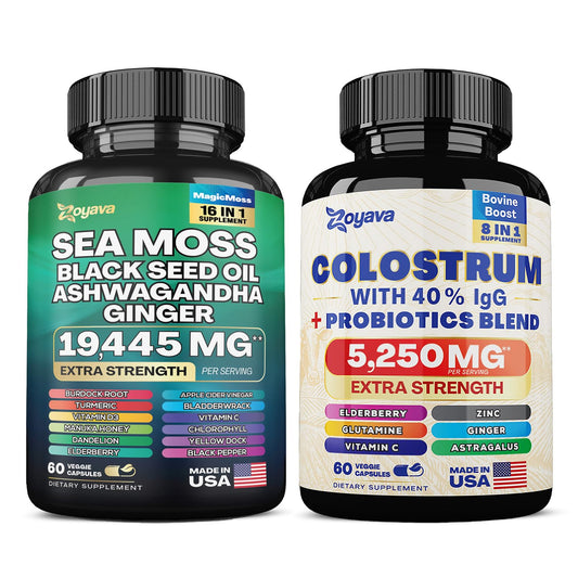 Zoyava Sea Moss 16-in-1 Blend 19,445 MG (60 Caps) and Colostrum 8-in-1 5,250 MG - NutriGlobal